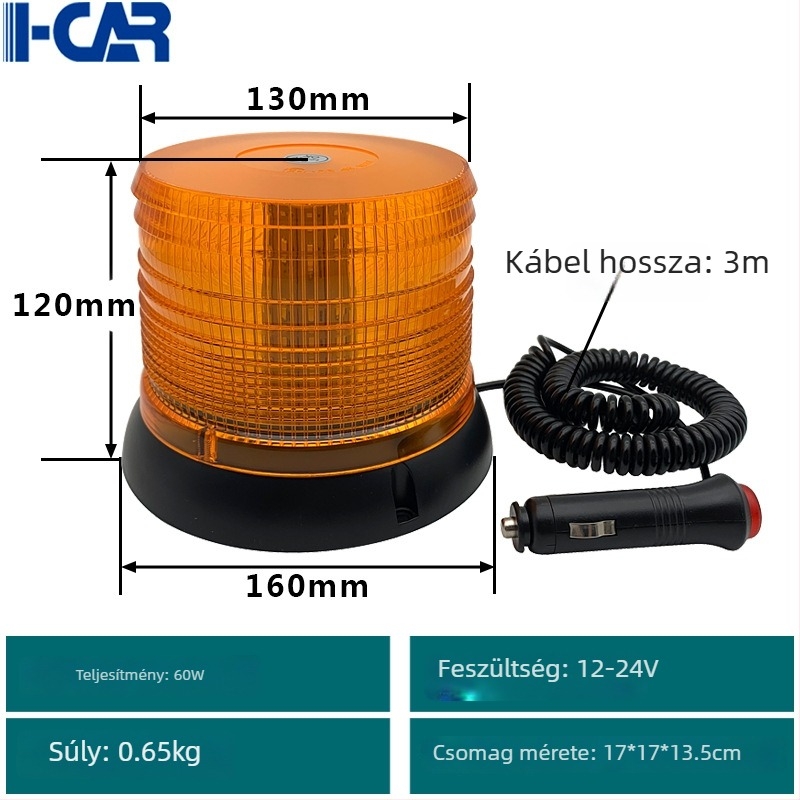 60 LED-es riasztó fény targoncákhoz és forgalmi járművekhez, mágneses tetőre szerelés, 12-24V, PC-ház