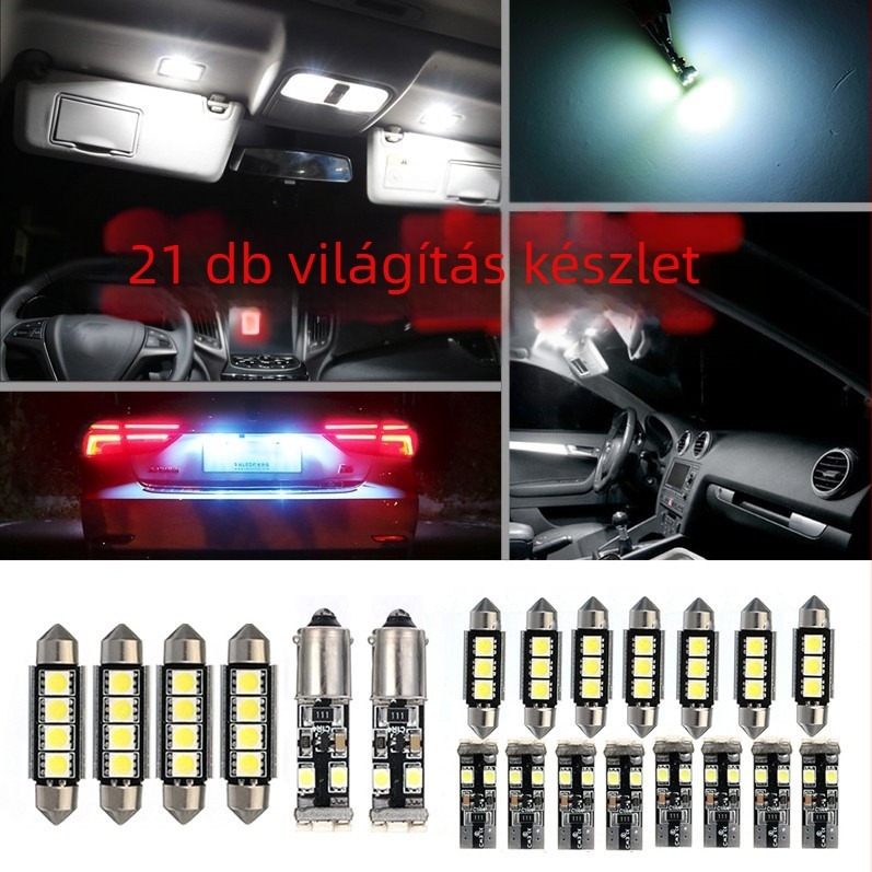 21 darabos LED autóvilágítási készlet – tartalmaz T10 BA9S, kiegészítők 5050/1210, 12V, 6000K, parkoló- és olvasólámpa
