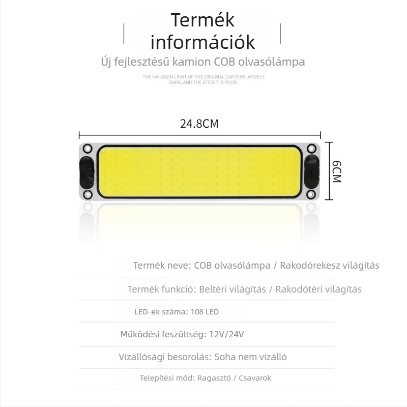 Autó tetőfény COB LED-del, 10W, 12V, alumínium ház, univerzális kompatibilitás