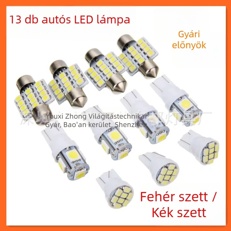 13 darabos autó LED készlet – belső olvasó fény, utasteri világítás és rendszámtábla világítás, 12 SMD 1206