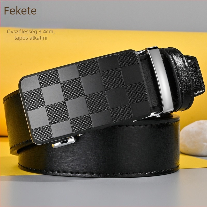 Férfi öv automata csattal, fehér, kockás mintázat, bőr, letisztult dizájn