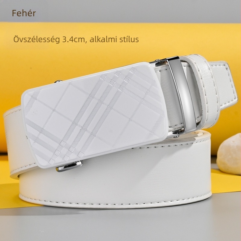 Férfi öv automata csattal, fehér, kockás mintázat, bőr, letisztult dizájn