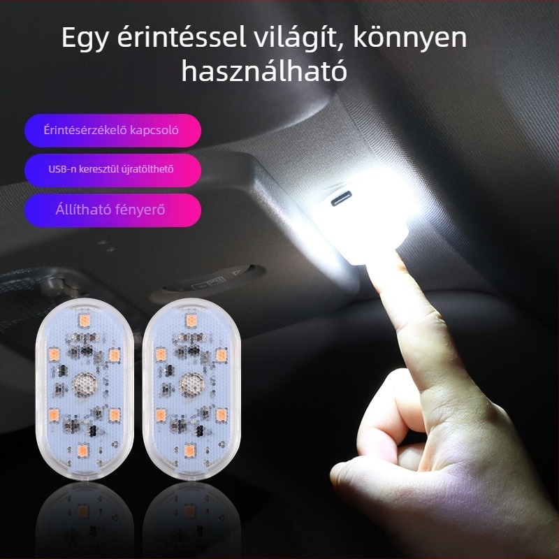 Autóhoz tervezett LED olvasólámpa érintésérzékelővel, USB töltéssel, tetőre szerelhető vészvilágítás