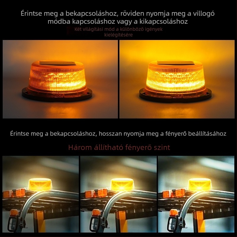 Napenergiával működő figyelmeztető LED-lámpa járművekhez mágneses mennyezeti rögzítéssel