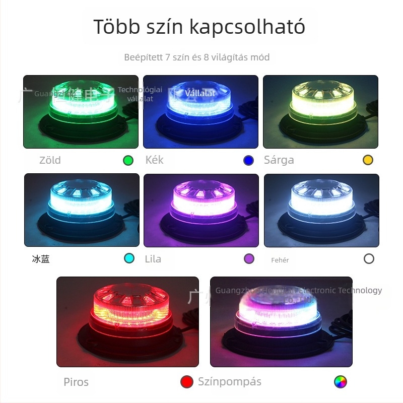Jármű figyelmeztető LED lámpa – több színű jelző strob, tetőre szerelt, 9-30V, 24W, 1A (Modell: Napelemes lámpák)