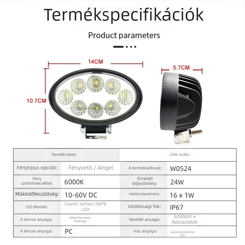 Ty-010 LED ovális munkalámpa emelőhöz, teherautókhoz és terepjárókhoz — 24W, 12-60V, 2160lm, 50 000 óra élettartam, alumíniumötvözet ház
