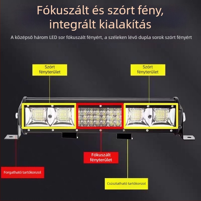 Négy sor LED hosszú spotfény autókhoz, 12V/24V, teherautók számára, erős fényű, ultra-fényes, szerelhető tetőre vagy középső rácsra, univerzális
