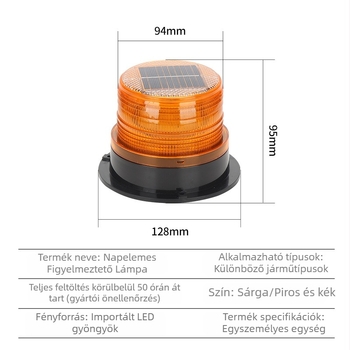 Napelemes LED-es autós figyelmeztető lámpa, éjszakai villogással, mágneses tetőre rögzíthető.
