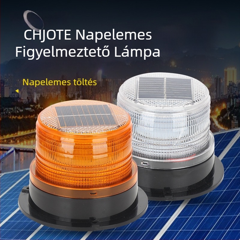 Napelemes LED-es autós figyelmeztető lámpa, éjszakai villogással, mágneses tetőre rögzíthető.