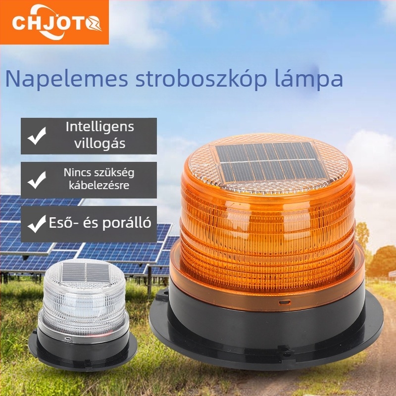 Napelemes LED-es autós figyelmeztető lámpa, éjszakai villogással, mágneses tetőre rögzíthető.