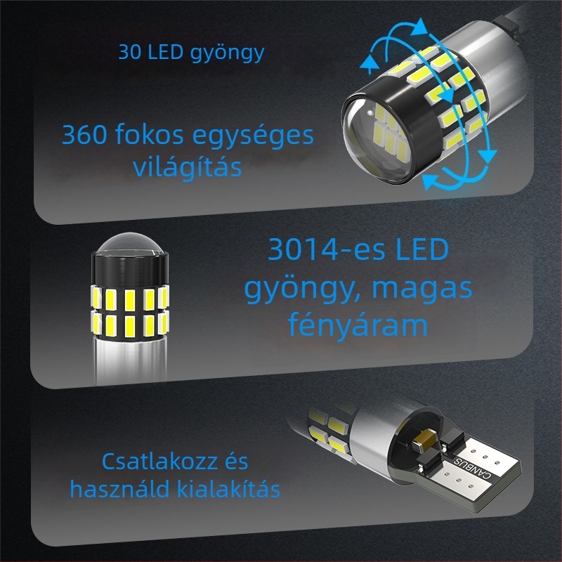 LED autó világítás T10-3014, 30SMD, CANBUS, DC12–24V, 300 lm, 6000–7000K, FPC rugalmas PCB; többfunkciós világítás: pozíció, olvasás és rendszám, kabin világítás; méret 36.5×11.4 mm