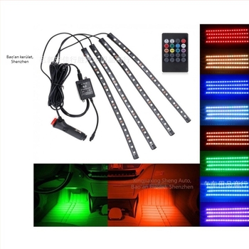 RGB autó belső lábtér ambientfény hangvezérléssel, hét színű zenés ritmussal, 1–4 elosztás, vezeték nélküli telepítés