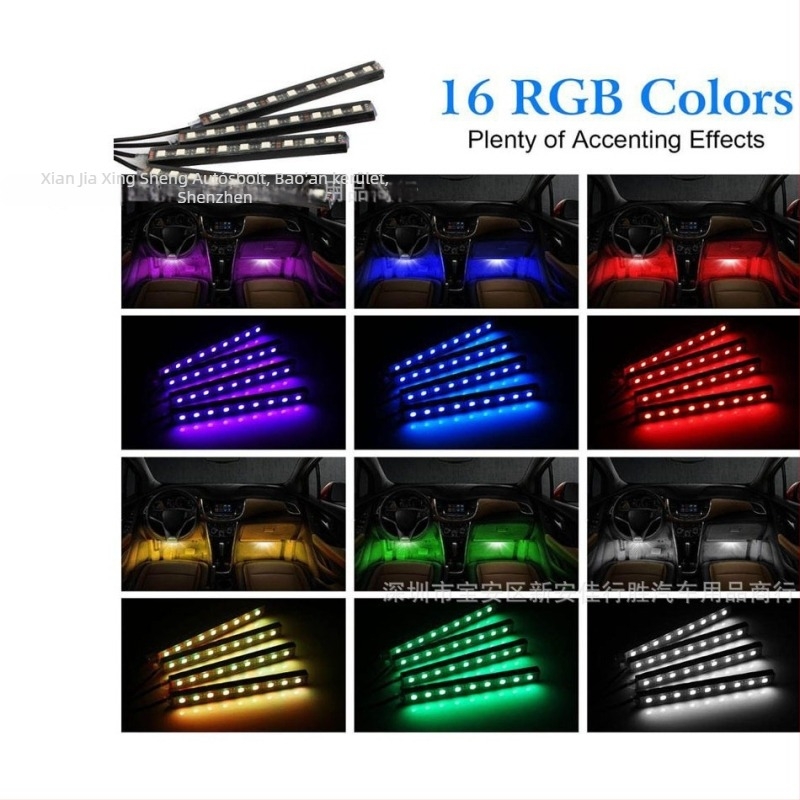 RGB autó belső lábtér ambientfény hangvezérléssel, hét színű zenés ritmussal, 1–4 elosztás, vezeték nélküli telepítés
