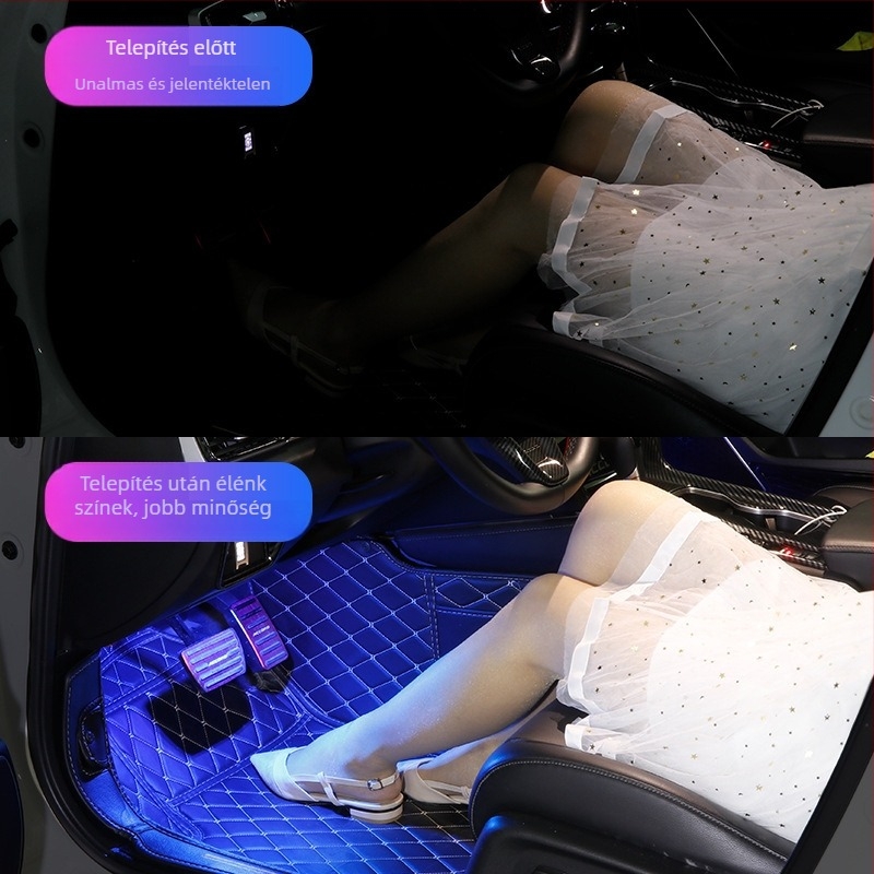 Autó belső tér USB RGB LED lélegző lábtér világítás zenés ritmusra