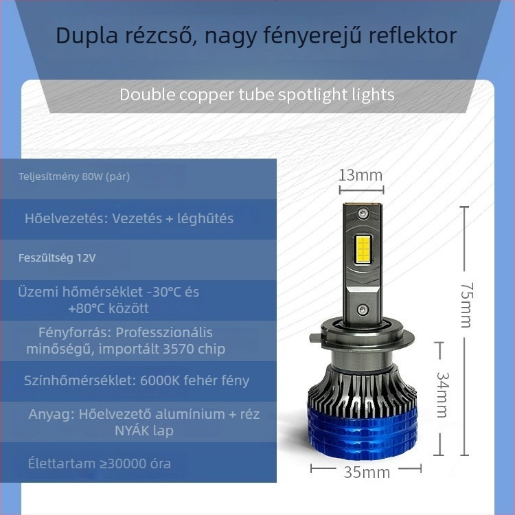 Beépített LED fényszóró kettős rézcsővel, ultra fényes, H7, H11 és H4 (9005) – magas és alacsony fénysugár