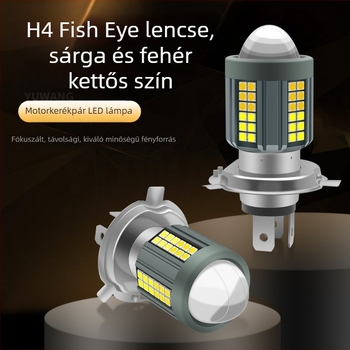 H4-es motoros LED fényszóró fisheye lencsével, sárga-fehér kettős színű, távoli és közeli fény, integrált kivitel, rögzítés három-karos vagy két-karos