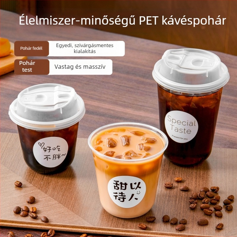 Sűrített, egyszer használatos áttetsző műanyag pohár fedővel kávéhoz és tejes teához, 360–500 ml