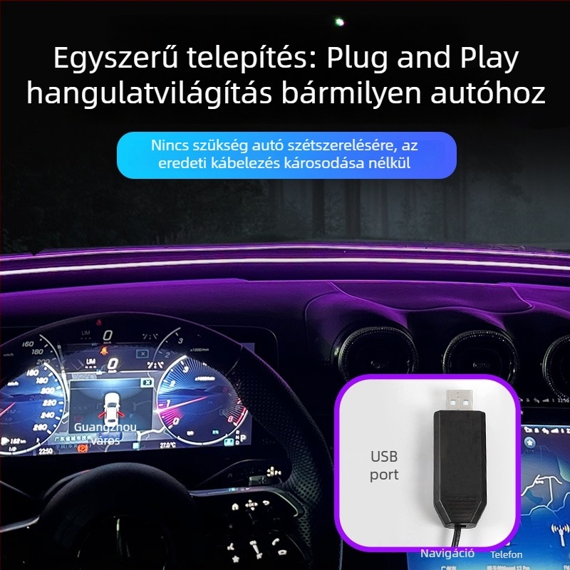 Univerzális autó első szélvédő LED környezeti világítása alkalmazásvezérléssel, színváltó USB műszerfal fénycsík