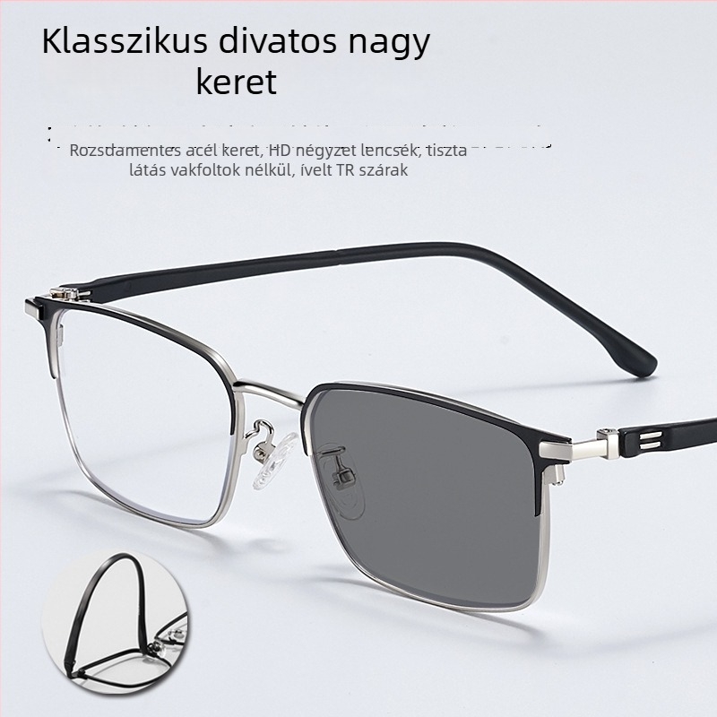 TR90 keretű olvasószemüveg, vintage stílus, uniszex, lencsék színváltó, dupla használat távoli és közeli látásra, kékfény elleni védelem, presbiopia