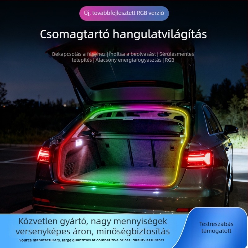 Alkalmazás által vezérelt LED környezeti fények az autó csomagtartójához, színes dekoratív hátsó világítás.