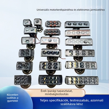 Három oldalú külső LED lámpa motorkerékpárokhoz és elektromos járművekhez, fél alumínium öntvény, sárga/fehér fény és piros-kék villogás