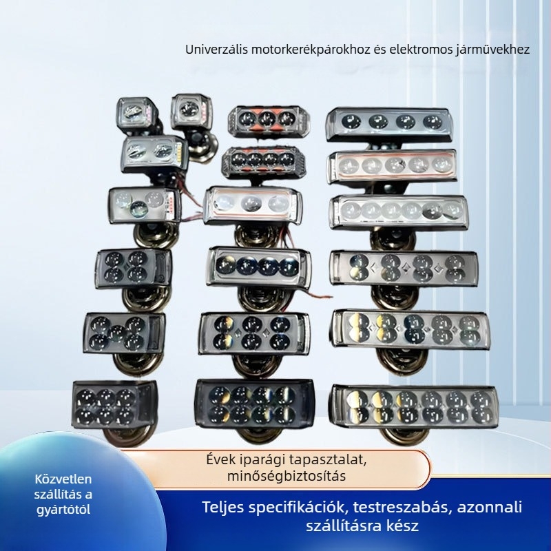 Három oldalú külső LED lámpa motorkerékpárokhoz és elektromos járművekhez, fél alumínium öntvény, sárga/fehér fény és piros-kék villogás