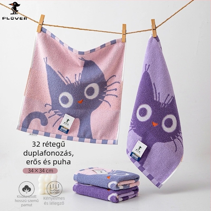 100% pamut gyerek arc törölköző, négyzet alakú fürdető törölköző, jacquard 32S, vastított, szöszmentes, 50–80 g
