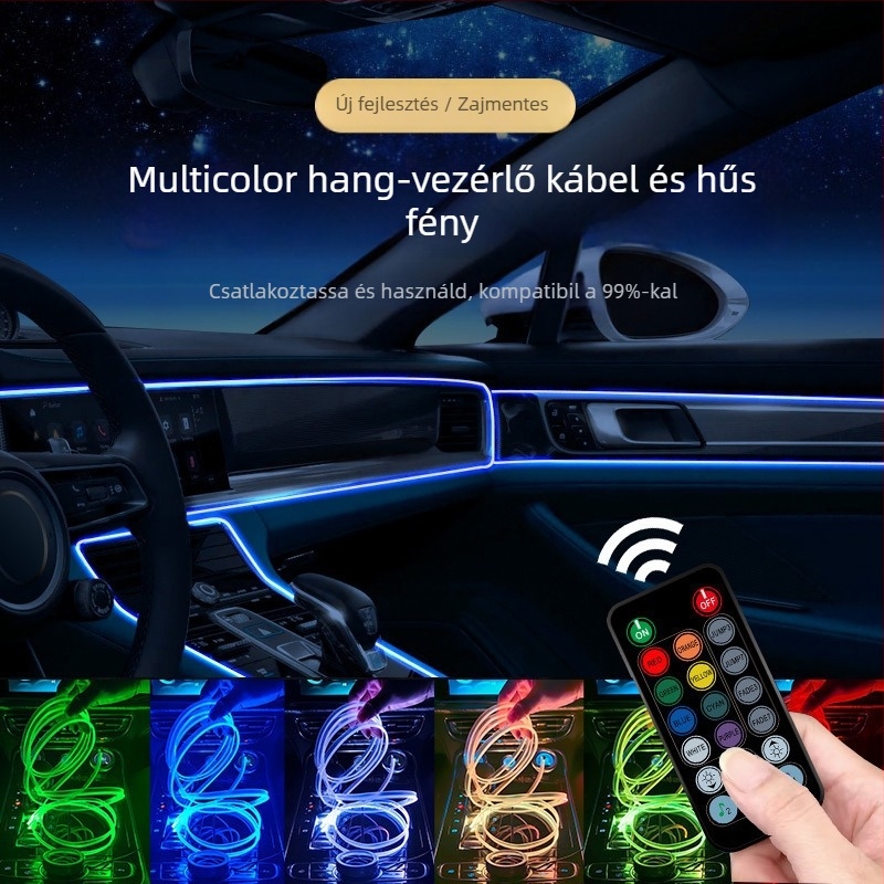 Autó belső ambient LED szalag, RGB, hét szín, hang-aktivált szenzor, vezeték nélküli telepítés