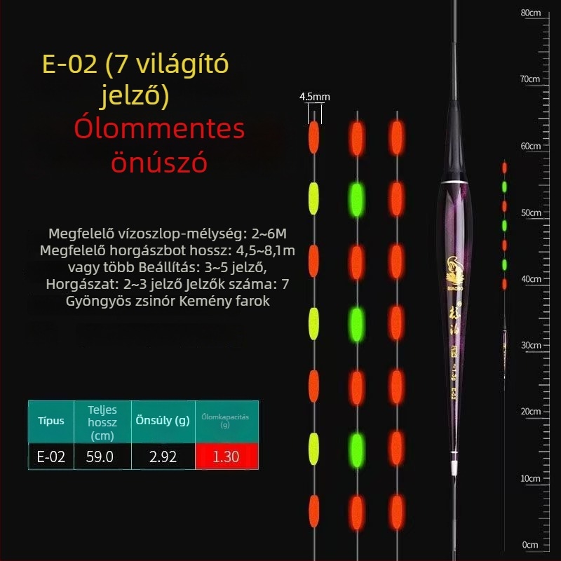 LED-es világítású vertikális úszó, önállóan álló, vastag és feltűnő farokkal, pontyokhoz