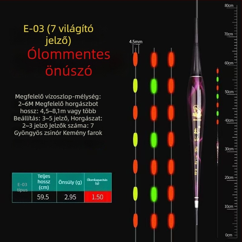 LED-es világítású vertikális úszó, önállóan álló, vastag és feltűnő farokkal, pontyokhoz
