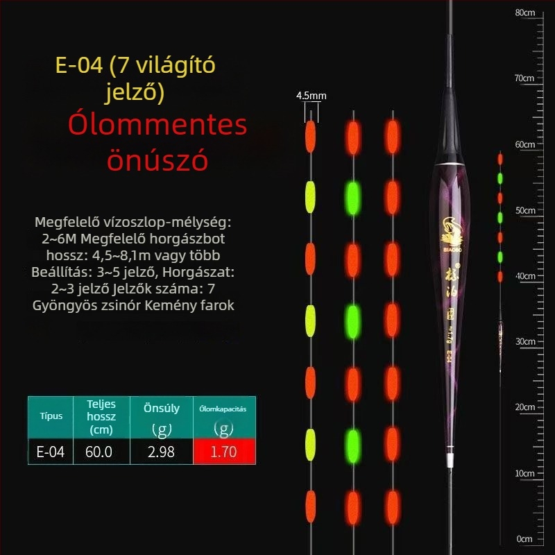 LED-es világítású vertikális úszó, önállóan álló, vastag és feltűnő farokkal, pontyokhoz