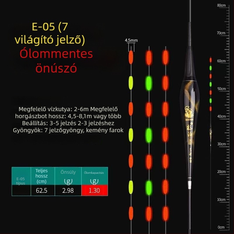 LED-es világítású vertikális úszó, önállóan álló, vastag és feltűnő farokkal, pontyokhoz
