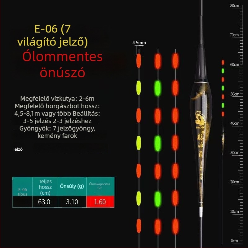 LED-es világítású vertikális úszó, önállóan álló, vastag és feltűnő farokkal, pontyokhoz