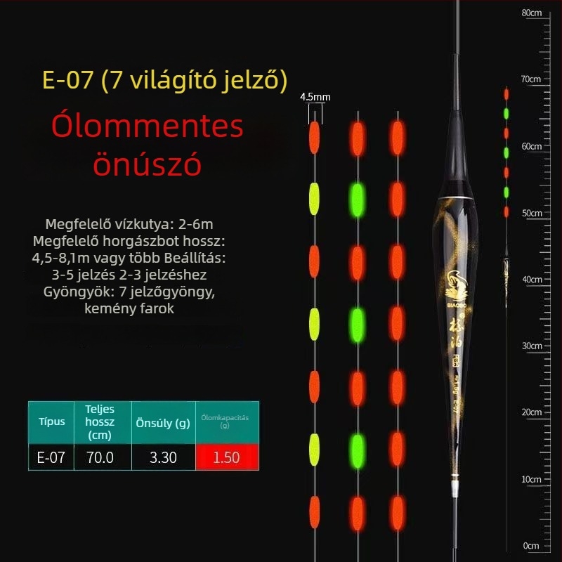 LED-es világítású vertikális úszó, önállóan álló, vastag és feltűnő farokkal, pontyokhoz
