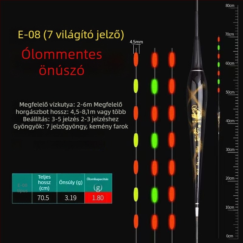 LED-es világítású vertikális úszó, önállóan álló, vastag és feltűnő farokkal, pontyokhoz