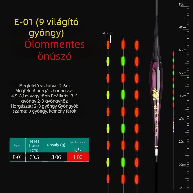 LED-es világítású vertikális úszó, önállóan álló, vastag és feltűnő farokkal, pontyokhoz