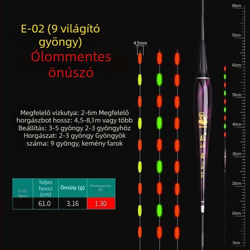 LED-es világítású vertikális úszó, önállóan álló, vastag és feltűnő farokkal, pontyokhoz