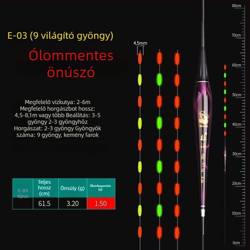 LED-es világítású vertikális úszó, önállóan álló, vastag és feltűnő farokkal, pontyokhoz