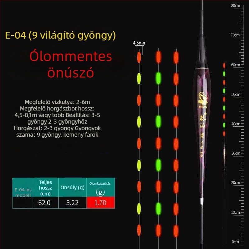 LED-es világítású vertikális úszó, önállóan álló, vastag és feltűnő farokkal, pontyokhoz