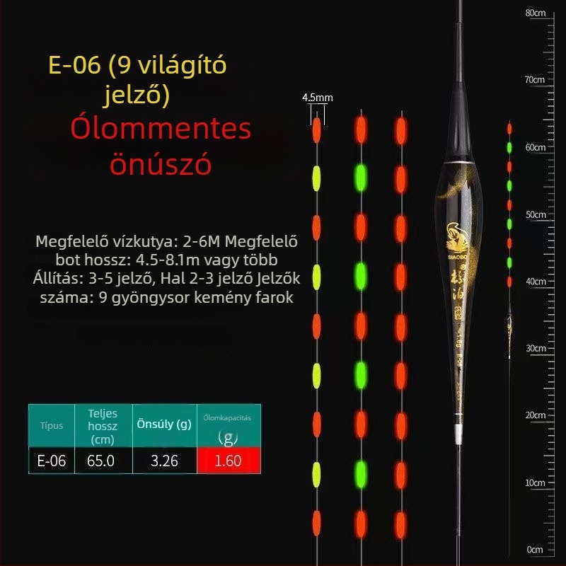 LED-es világítású vertikális úszó, önállóan álló, vastag és feltűnő farokkal, pontyokhoz