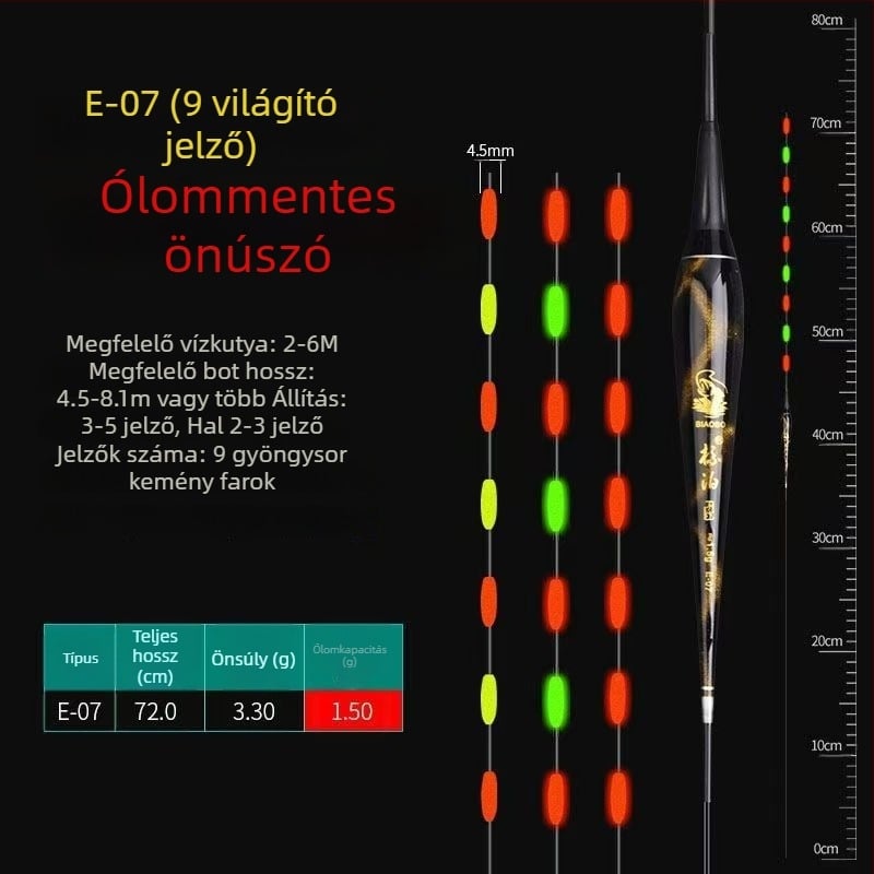 LED-es világítású vertikális úszó, önállóan álló, vastag és feltűnő farokkal, pontyokhoz