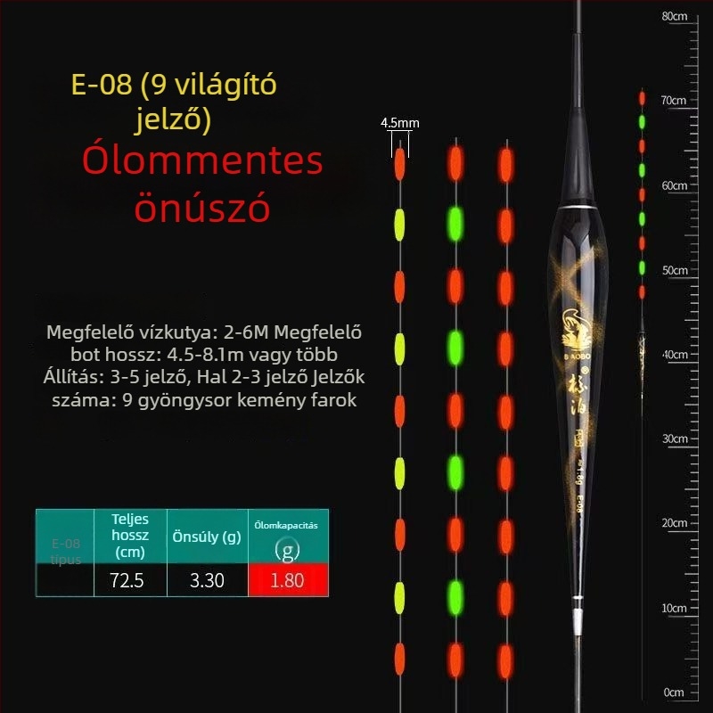 LED-es világítású vertikális úszó, önállóan álló, vastag és feltűnő farokkal, pontyokhoz