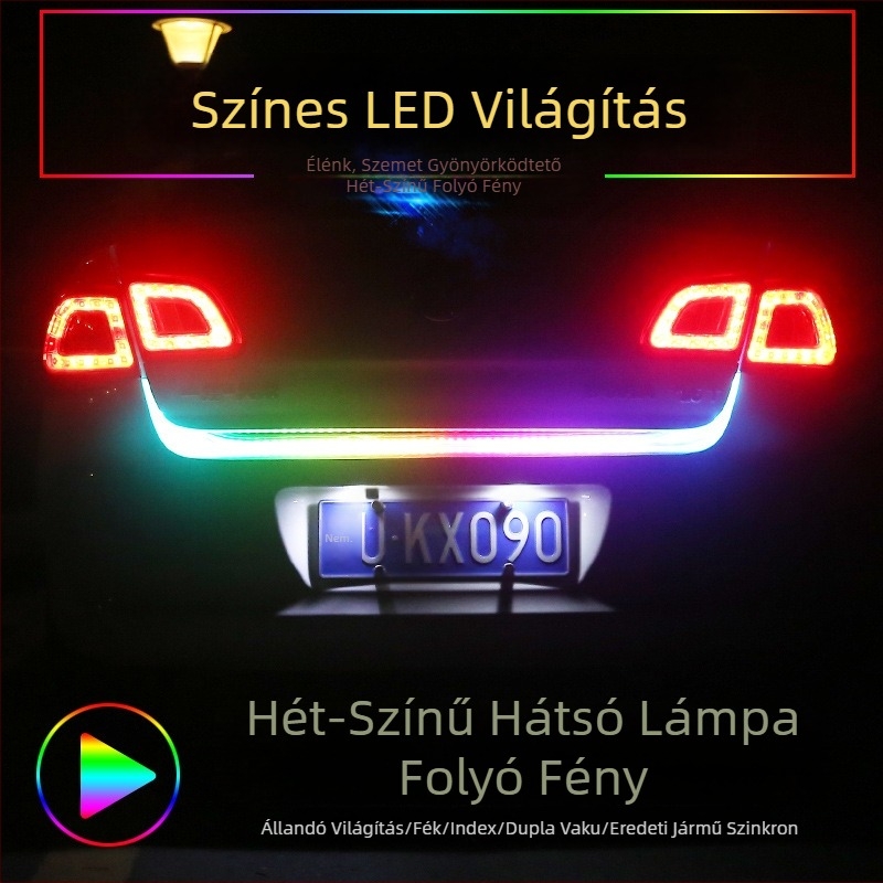 Színes autócsomagtartó lámpa RGB LED effektussal, hátsó jelzőfény vízesés effektussal és nagy fényerősségű ütközésvédő fény