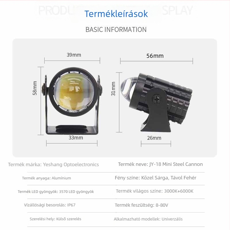 LED motorkerékpár spotlámpa, nagy fényerő, sárga és fehér, külső mini acélkanó lámpa