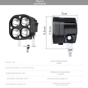 A-pilláris terepjáró spotlámpa LED fényszóróval, 12V, 40W, 3000 lm, IP23