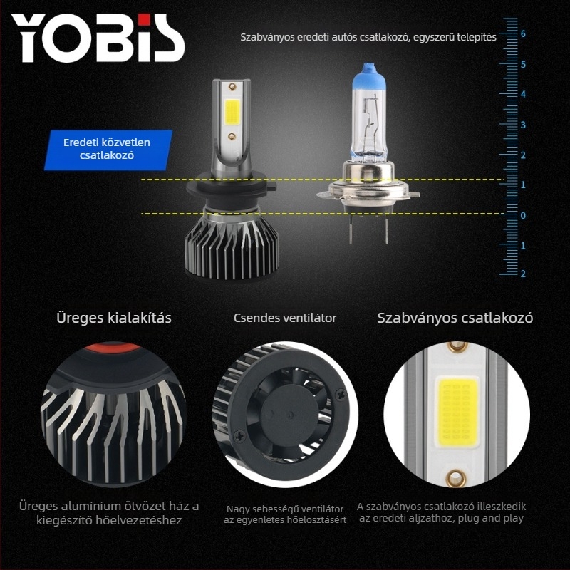 YoBis V6 COB LED autófényszóró – kettős fényáram: magas/alacsony, mini LED fényforrás H1/H3/H4/H7/H8/H11