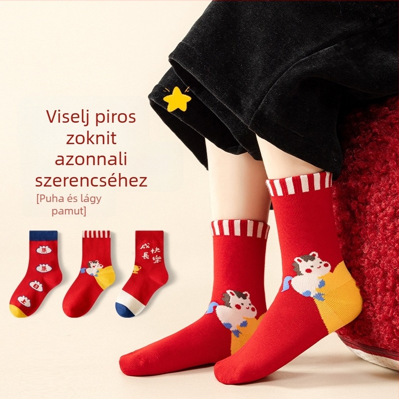 Gyerekeknek szóló középmagas zokni, pamut jacquard kötés, uniszex, cartoon betű mintázat