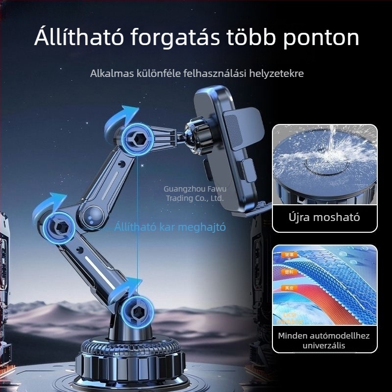 Autótelefon-tartó 5W-os töltéssel, ütésálló, ragasztós rögzítés, kompatibil napellenzővel, műszerfallal és első szélvédővel