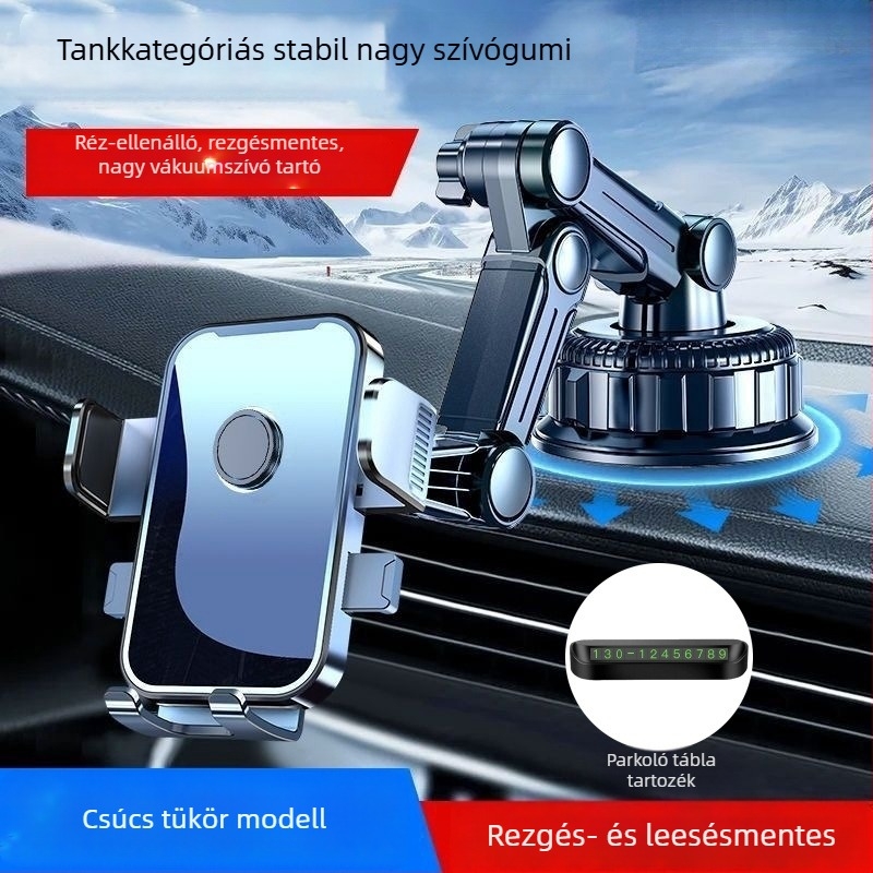 Autótelefon-tartó 5W-os töltéssel, ütésálló, ragasztós rögzítés, kompatibil napellenzővel, műszerfallal és első szélvédővel