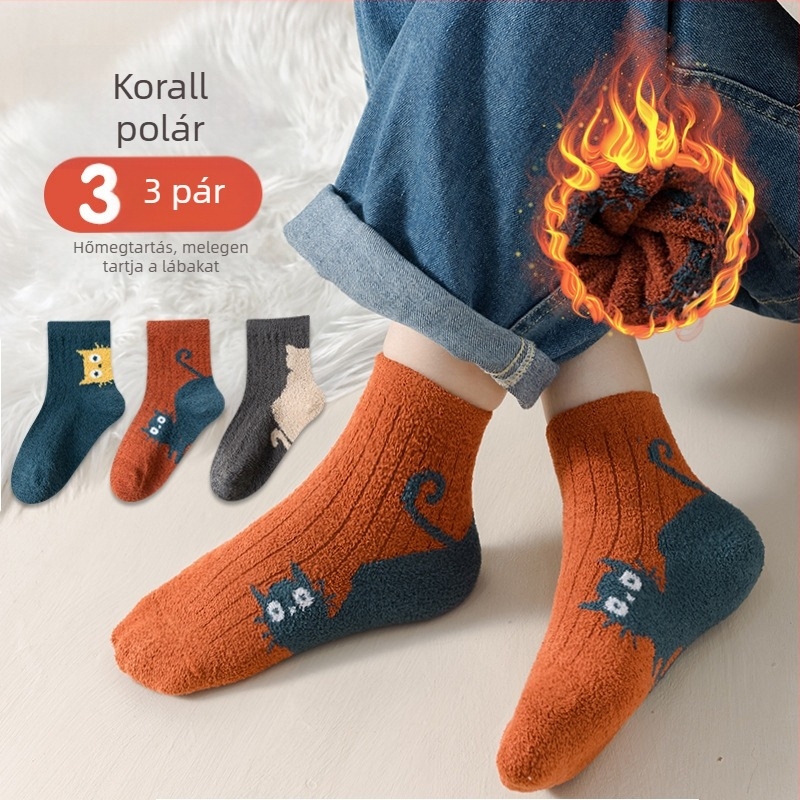 Gyerek téli zokni, vastag terry anyagból, középmagas szárú, uniszex, rajzfilm mintával, 3 pár, 3–8 éveseknek (100–140 cm)